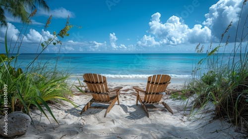 Relaxing Beach With Two Wooden Chairs Facing the Sea. Ultra realistic photo of a natural beach calm sea and clear blue sky.traveling and summer vacation idea concept photo