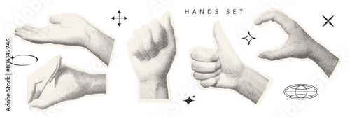 Set of hands with retro photocopy effect Y2K. Pop art design. Vector illustration for T-shirt prints, collage designs, banner