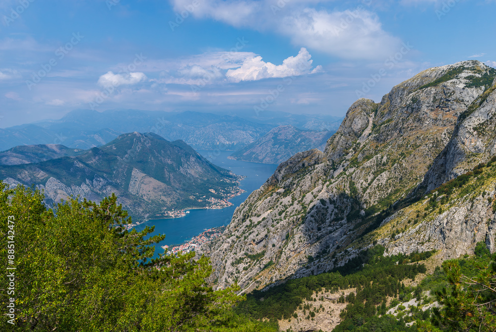 View of the Kotor Bay from a mountain Lovcen on a sunny day with a haze View of the Kotor Bay from a mountain Lovcen on a sunny day with a haze