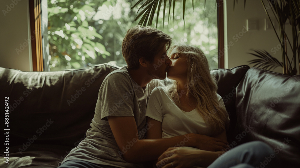 Young couple kissing on a sofa in a cozy, dimly lit room. Young couple kissing on a sofa in a cozy, dimly lit room.