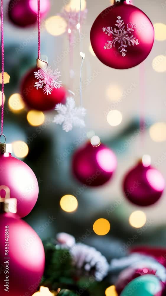pink Christmas ornaments against a wintery background with garlands bokeh lights, snowflakes and snow-covered Christmas trees. Christmas backdrop pink Christmas ornaments against a wintery background with garlands bokeh lights, snowflakes and snow-covered Christmas trees. Christmas backdrop