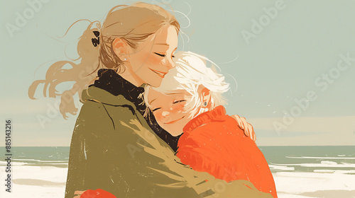 Pride month. Senior mature lesbian couple laughing, hug, anime