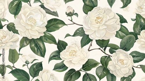 Hand-painted white camellias and leaves in an elegant, continuous pattern with a vintage feel