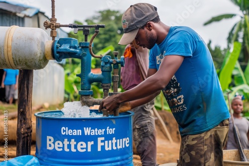A man is using a water pump to provide clean water access, supporting a better future in a rural community. World Humanitarian Day