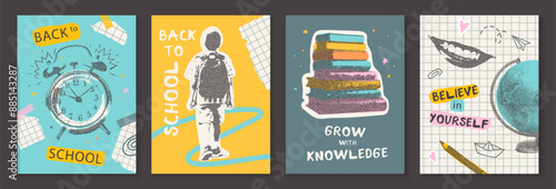 Set of posters back to school. Elements with a photocopy of the Y2K effect. Alarm clock, boy with backpack, stack of books, globe and other design details in pop art style. Vector illustration
