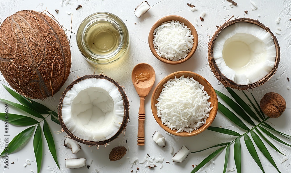 flat lay composition,coconut oils,spa accessories on white background top view natural organic cosmetic for skin moisturizing skin care beauty treatment concept flat lay composition,coconut oils,spa accessories on white background top view natural organic cosmetic for skin moisturizing skin care beauty treatment concept
