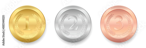 Gold, silver and bronze medals realistic shiny metallic set, with laurel wreath and number ,Winner sports awards symbols, Championship Sports competition first, second and third place awards 