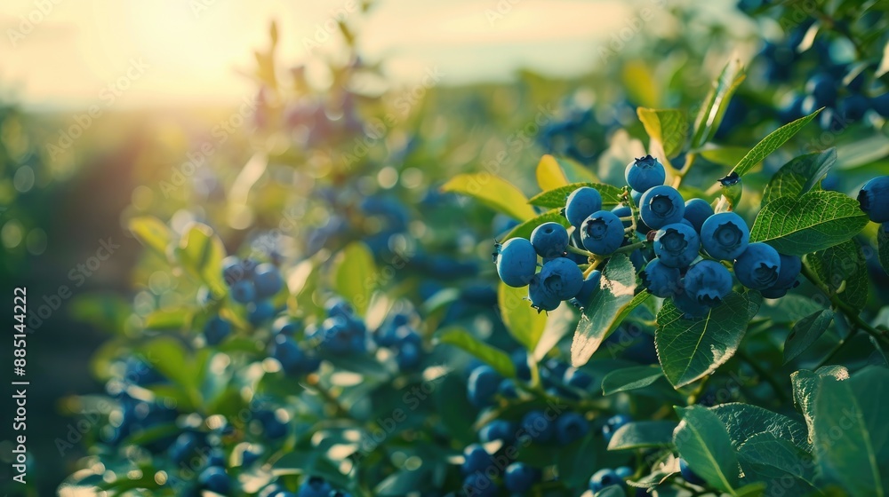 Scenic view of a blueberry farm, bushes filled with ripe blueberries under a clear sky Scenic view of a blueberry farm, bushes filled with ripe blueberries under a clear sky