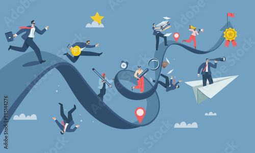Business competition, Opportunities or pursuit of success , Competition of skills or abilities to be successful in career or work, Many business people run on the business paths going up and down.