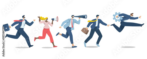 Set of character businessman run towards goal. Group of businessmen or company employees running fast, Business competition, Rushing to opportunity or success, Vector design illustration.