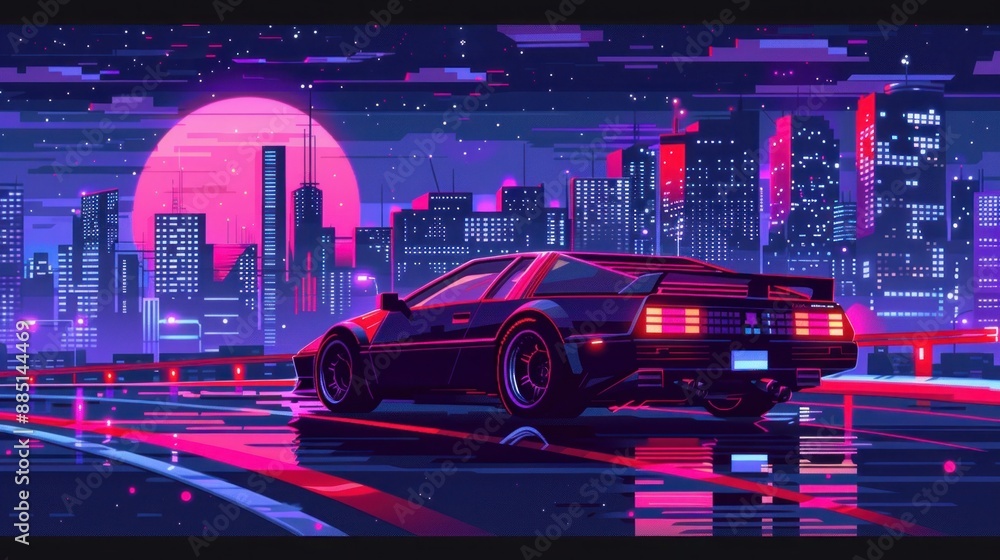 Fototapeta premium A pixelated cyberpunk race game in a retro 8-bit style.