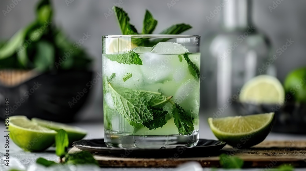 An enticing cocktail garnished with mint leaves and ice, served in a simple glass with a cut lime in the background, evoking a fresh and rejuvenating drink experience. An enticing cocktail garnished with mint leaves and ice, served in a simple glass with a cut lime in the background, evoking a fresh and rejuvenating drink experience.