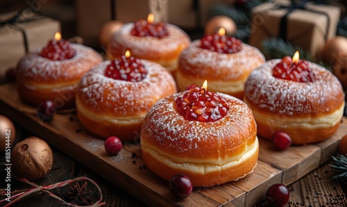 Wallpaper Mural jewish holiday hanukkah concept,traditional jelly donut menorah candles,gift boxes flat lay top view Torontodigital.ca