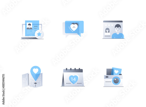 Romance and dating - flat design style icons set. High quality colorful images of dating site, correspondence, profile information, meeting place, February, Valentines day and camera photos