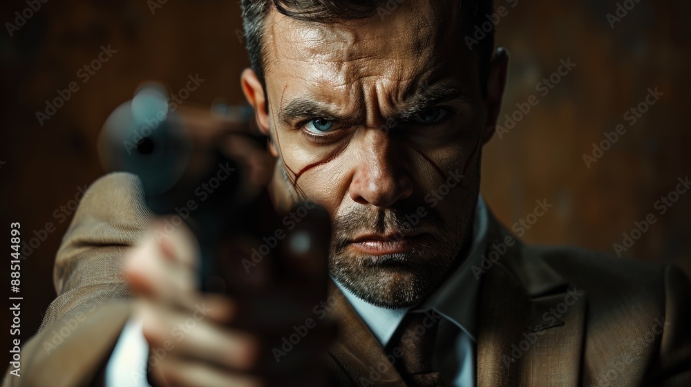 Portrait of angry shocked expression white man, holding gun ready to shoot, professional costume at spy war background Portrait of angry shocked expression white man, holding gun ready to shoot, professional costume at spy war background