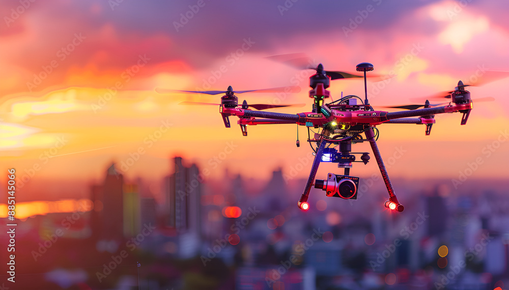 drone quadcopter with digital camera on blur sky city background drone quadcopter with digital camera on blur sky city background