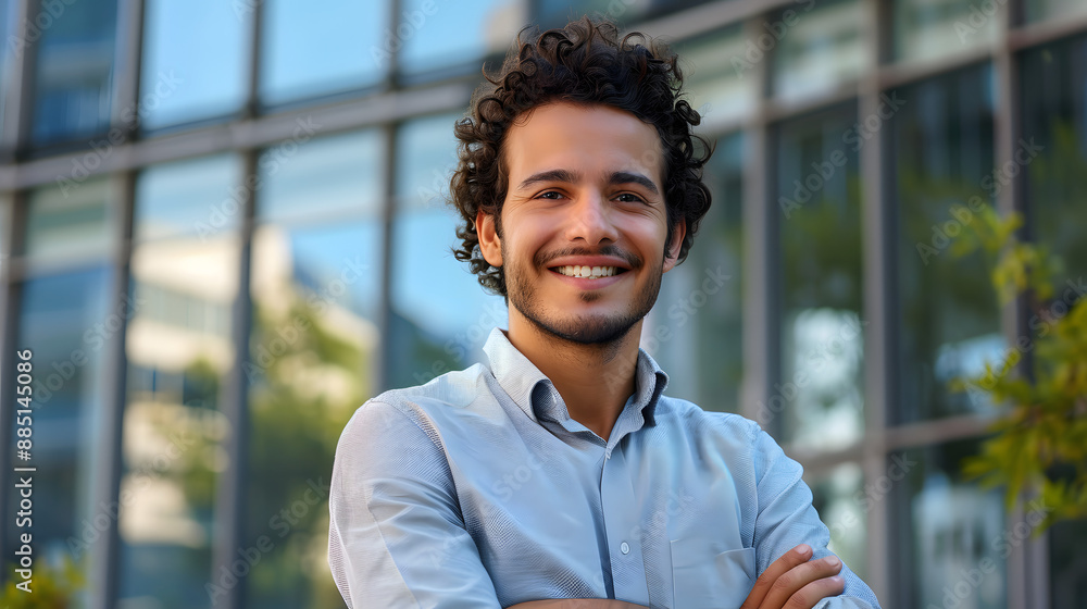 Portrait of young hispanic freelancer businessman outside office building, successful man looking at camera and smiling and with wrinkled hands, worker with curly hair and wearing a shirt Portrait of young hispanic freelancer businessman outside office building, successful man looking at camera and smiling and with wrinkled hands, worker with curly hair and wearing a shirt