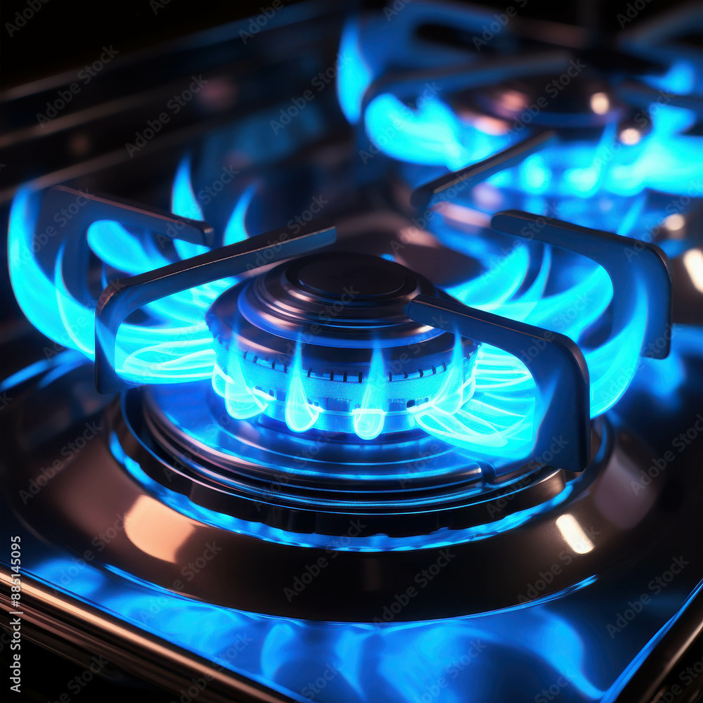 High-Efficiency Modern Gas Stove with Brilliant Blue Flames on a Polished Stainless Steel Surface in a Contemporary Kitchen Setting High-Efficiency Modern Gas Stove with Brilliant Blue Flames on a Polished Stainless Steel Surface in a Contemporary Kitchen Setting