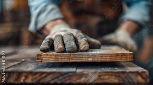 Close-up view of a carpenter's gloved hand firmly sanding a wooden plank on a workbench, focusing on achieving a smooth, fine surface for further detailing. photo