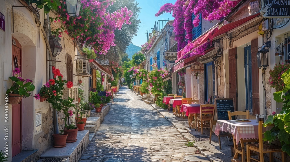 Fototapeta premium A beautiful street in a french village, restaurants, bougainvillea, sunny, summer. Generative AI.