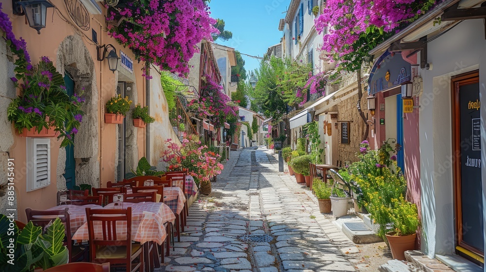 Obraz premium A beautiful street in a french village, restaurants, bougainvillea, sunny, summer. Generative AI.