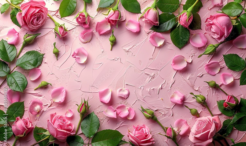 frame of natural organic cosmetics,rose petal,buds on pastel pink background flat lay top view overhead