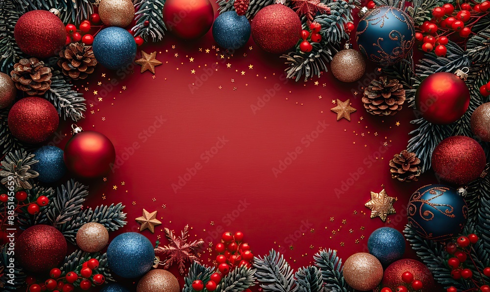 christmas greeting card template arch made of xmas balls stars confetti fir branches on red background happy new year banner mockup flat lay top view copy space christmas greeting card template arch made of xmas balls stars confetti fir branches on red background happy new year banner mockup flat lay top view copy space