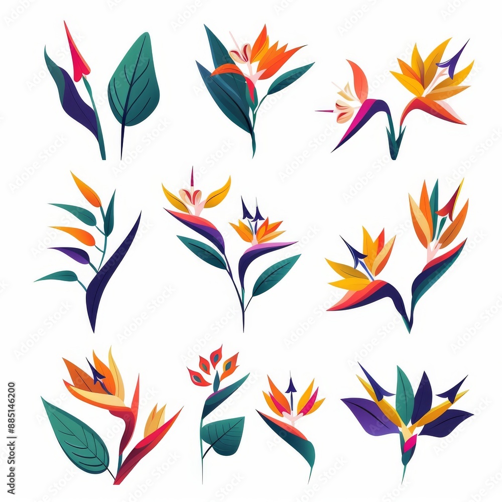 Bird of Paradise Flower Icon Set, Garden Strelitzia Flat Design, Abstract Strelitzia Reginae Symbol Bird of Paradise Flower Icon Set, Garden Strelitzia Flat Design, Abstract Strelitzia Reginae Symbol