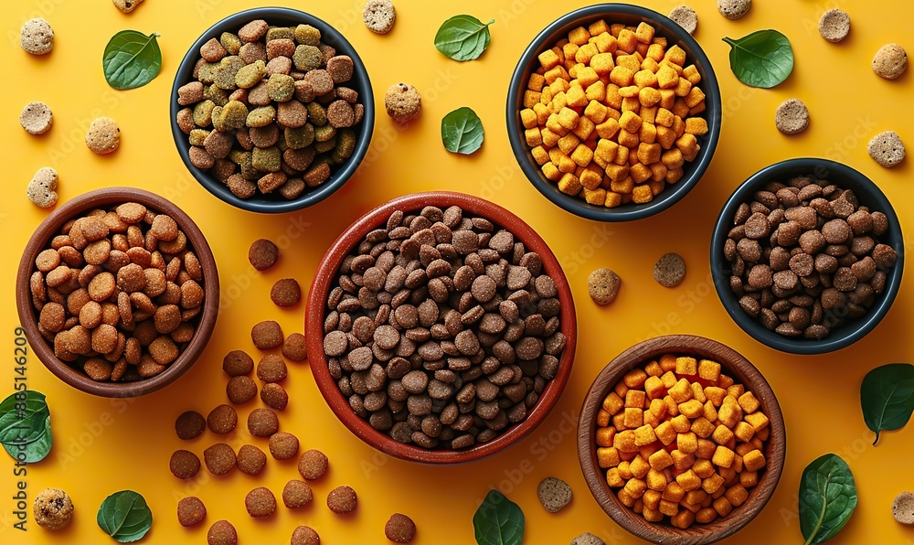 bowl of dry food for pet cat,dog toys on yellow background flat lay top view bowl of dry food for pet cat,dog toys on yellow background flat lay top view