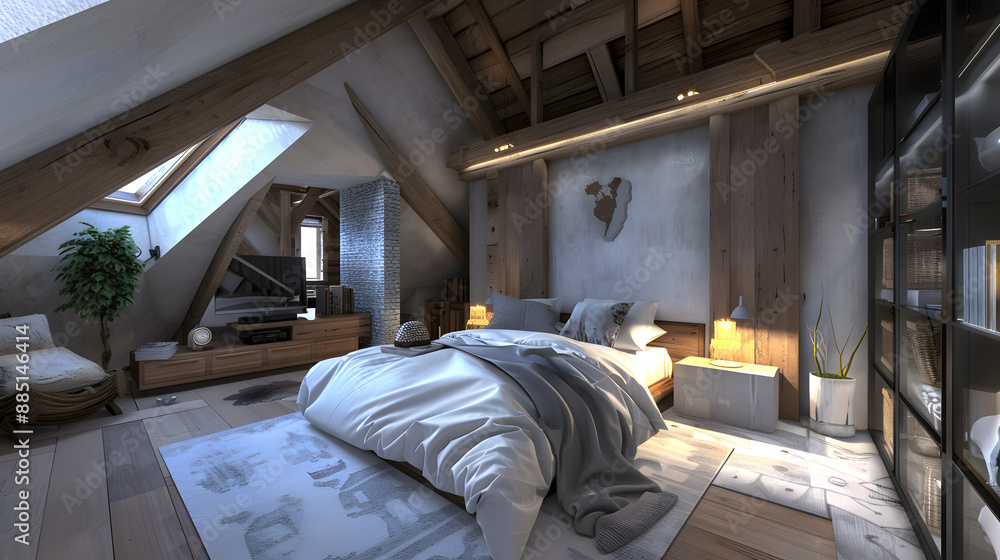 interior design, three bedrooms, attic interior design, three bedrooms, attic