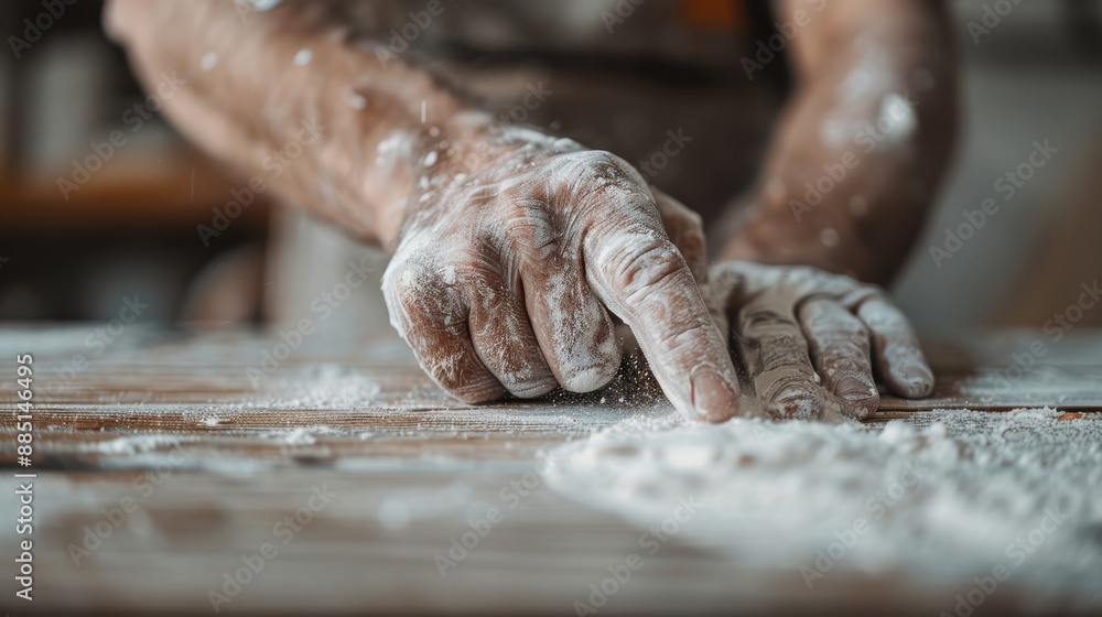 A close-up of a baker's hands, covered in flour, working on a wooden table, showing the artisan craft, dedication, and careful preparation involved in baking delicious bread. A close-up of a baker's hands, covered in flour, working on a wooden table, showing the artisan craft, dedication, and careful preparation involved in baking delicious bread.