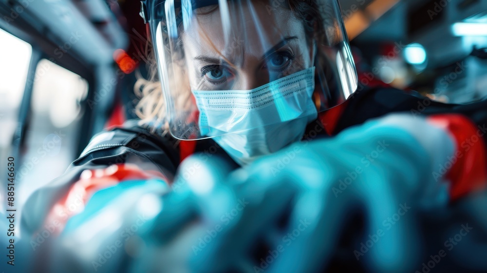 An emergency responder dressed in full protective gear attends to a patient in an ambulance, symbolizing urgent care, readiness, and efficient medical response during emergencies. An emergency responder dressed in full protective gear attends to a patient in an ambulance, symbolizing urgent care, readiness, and efficient medical response during emergencies.