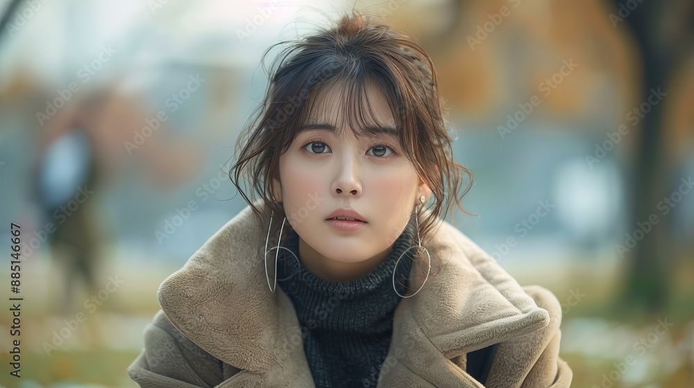 Portrait of sad expression sitting in park korean woman, professional costume at busy blurred park background Portrait of sad expression sitting in park korean woman, professional costume at busy blurred park background