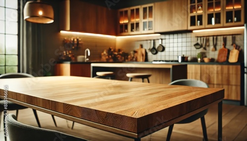 Empty beautiful wood table top counter and blur bokeh modern kitchen interior background in clean and bright,Banner, Ready for product montage © Serkan
