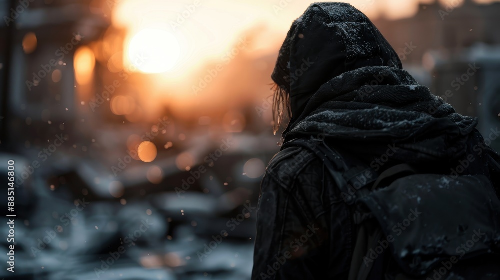 A lone figure, shrouded in winter gear, is seen walking through snowy urban ruins during sunrise, evoking feelings of isolation and the struggle for survival in harsh conditions. A lone figure, shrouded in winter gear, is seen walking through snowy urban ruins during sunrise, evoking feelings of isolation and the struggle for survival in harsh conditions.