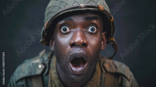 Portrait of shocked expression army black man, professional costume at war background