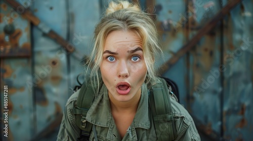 Portrait of shocked expression army blonde woman, professional costume at war background