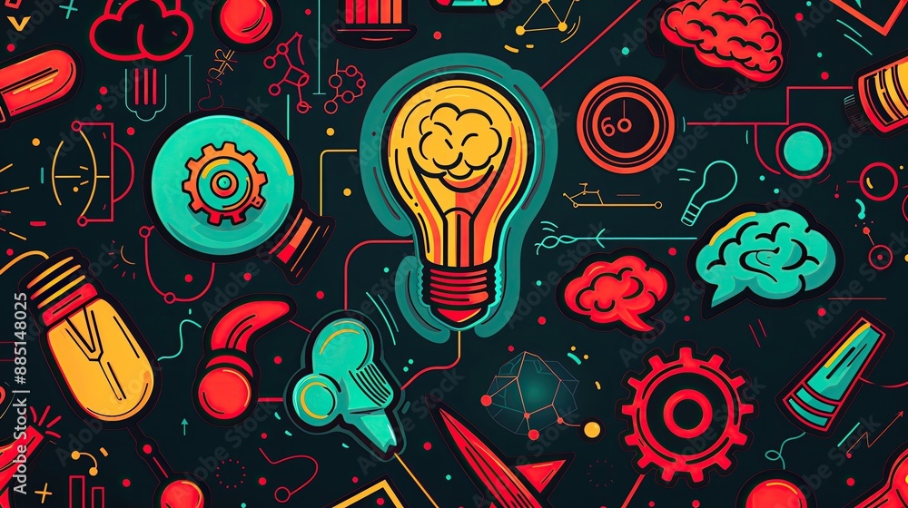 Obraz premium Creative thinking and innovation concept illustration featuring colorful light bulbs, gears, and other abstract ideas on a dark background.