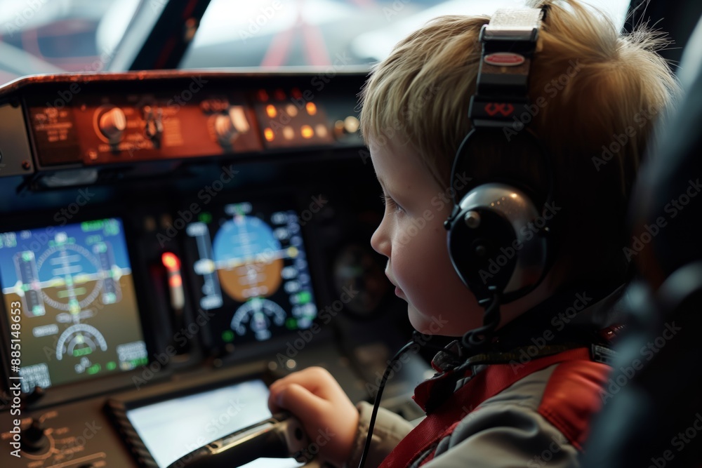 A child in an airplane cockpit with headphones dreams of being a pilot and embarking on aviation adventures. National Aviation Day A child in an airplane cockpit with headphones dreams of being a pilot and embarking on aviation adventures. National Aviation Day