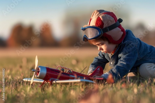 In the autumn field, a child wearing an aviator cap gleefully plays with a toy plane, expressing joy and innocence. National Aviation Day photo