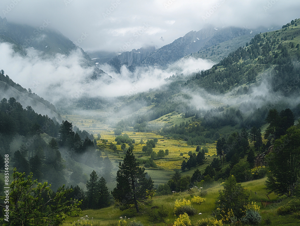 Misty Mountain Valley Landscape With Lush Green Trees Misty Mountain Valley Landscape With Lush Green Trees