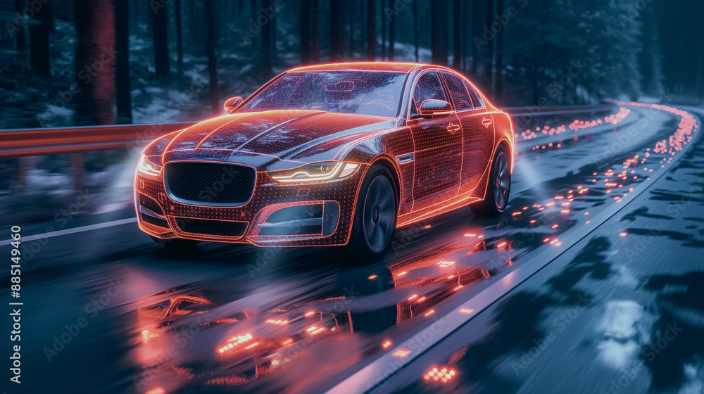 Modern car with IoT technology offering real-time traffic updates, vehicle diagnostics, and seamless smart home device integration. Modern car with IoT technology offering real-time traffic updates, vehicle diagnostics, and seamless smart home device integration.