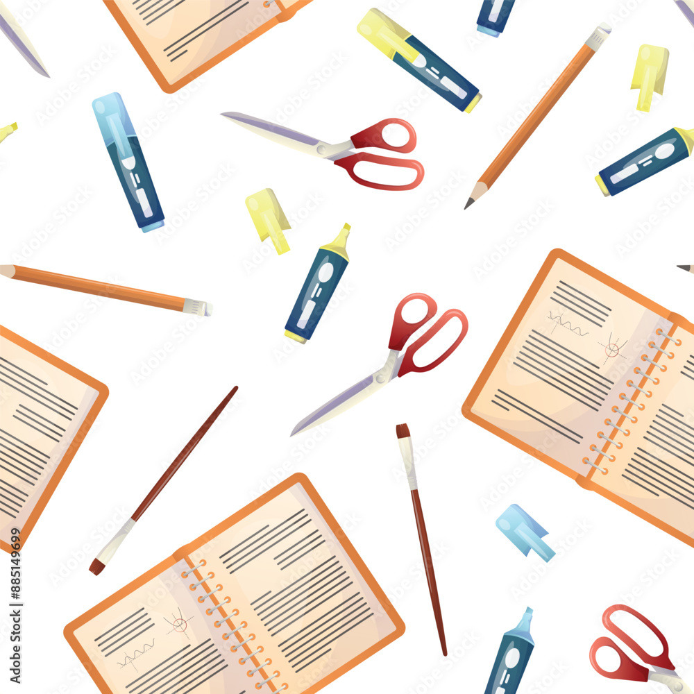 seamless school pattern on a white background. color illustration, markers of different colors, diary, scissors, rulers, pencils, stickers, bookmarks, brushes. pattern for textile, background, packagi seamless school pattern on a white background. color illustration, markers of different colors, diary, scissors, rulers, pencils, stickers, bookmarks, brushes. pattern for textile, background, packagi