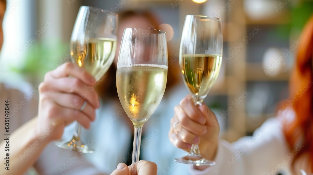cheers to celebration closeup of friends toasting with champagne flutes in a warmly lit restaurant setting. cheers to celebration closeup of friends toasting with champagne flutes in a warmly lit restaurant setting.