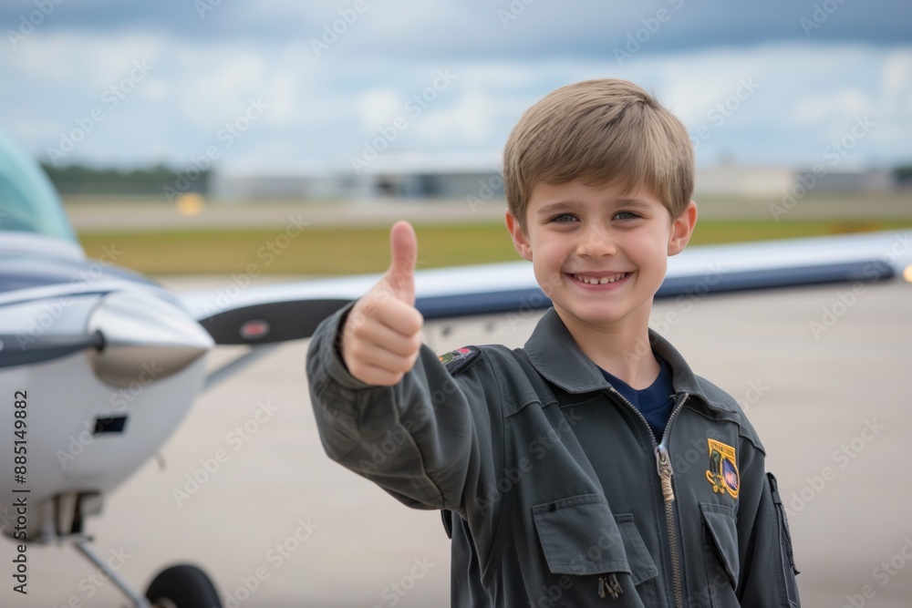 A young boy pilot is giving thumbs up at an airfield while wearing an aviation jacket. National Aviation Day A young boy pilot is giving thumbs up at an airfield while wearing an aviation jacket. National Aviation Day