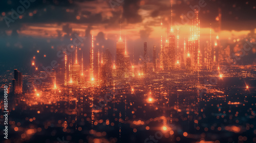 A cityscape with many buildings lit up in orange