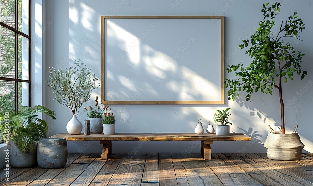 picture frame mockup,vase,eucalyptus flowers on table white wall on background picture frame mockup,vase,eucalyptus flowers on table white wall on background