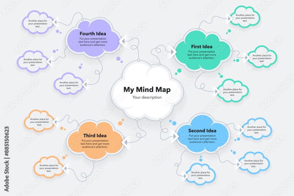 Mind map diagram with think bubbles and place for your content. Presentation template for project data visualization. Mind map diagram with think bubbles and place for your content. Presentation template for project data visualization.