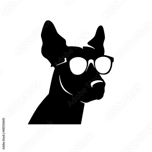 black and white image of a dog wearing glasses