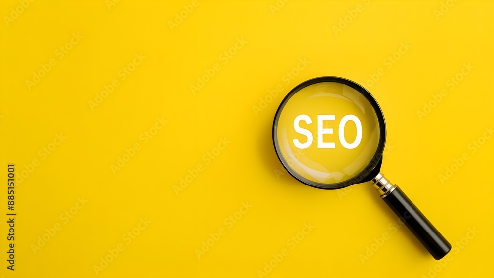 SEO, Search Engine Optimization text, and a magnifying glass on a bright yellow background.Optimization Scheme SEO, Search Engine Optimization text, and a magnifying glass on a bright yellow background.Optimization Scheme